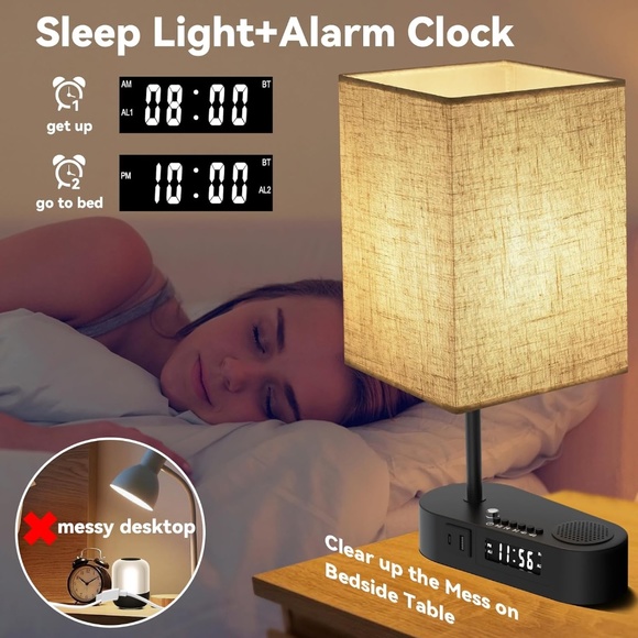 Table Lamps for Bedroom with Bluetooth Alarm Clocks,USB Ports Nightstand - Picture 3 of 9